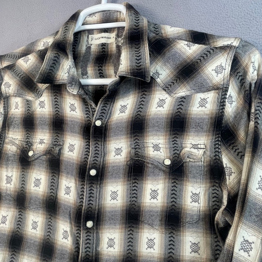 Lucky Brand Button Down Women Medium Brown Plaid Western Embroidered Snap Shirt